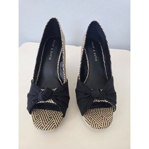 Kelly & Katie Black Espadrille Wedges Size 9.5M Peep Toe Boho Chic Woven Raffia - Picture 6 of 7